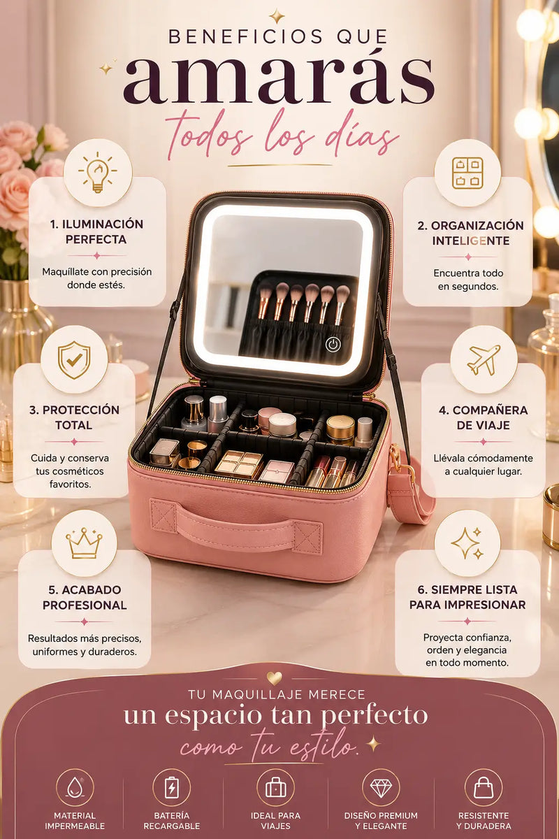 Beneficios clave Glamora™. Cosmetiquera Led